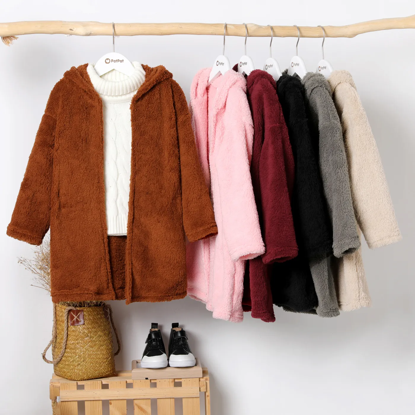 Kid Boy/Kid Girl Solid Color Hooded Fuzzy Coat Jacket  big image 1