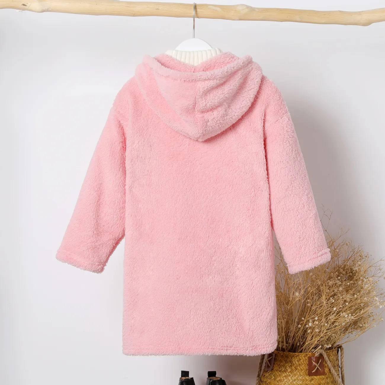 Kid Boy/Kid Girl Solid Color Hooded Fuzzy Coat Jacket Pink big image 1