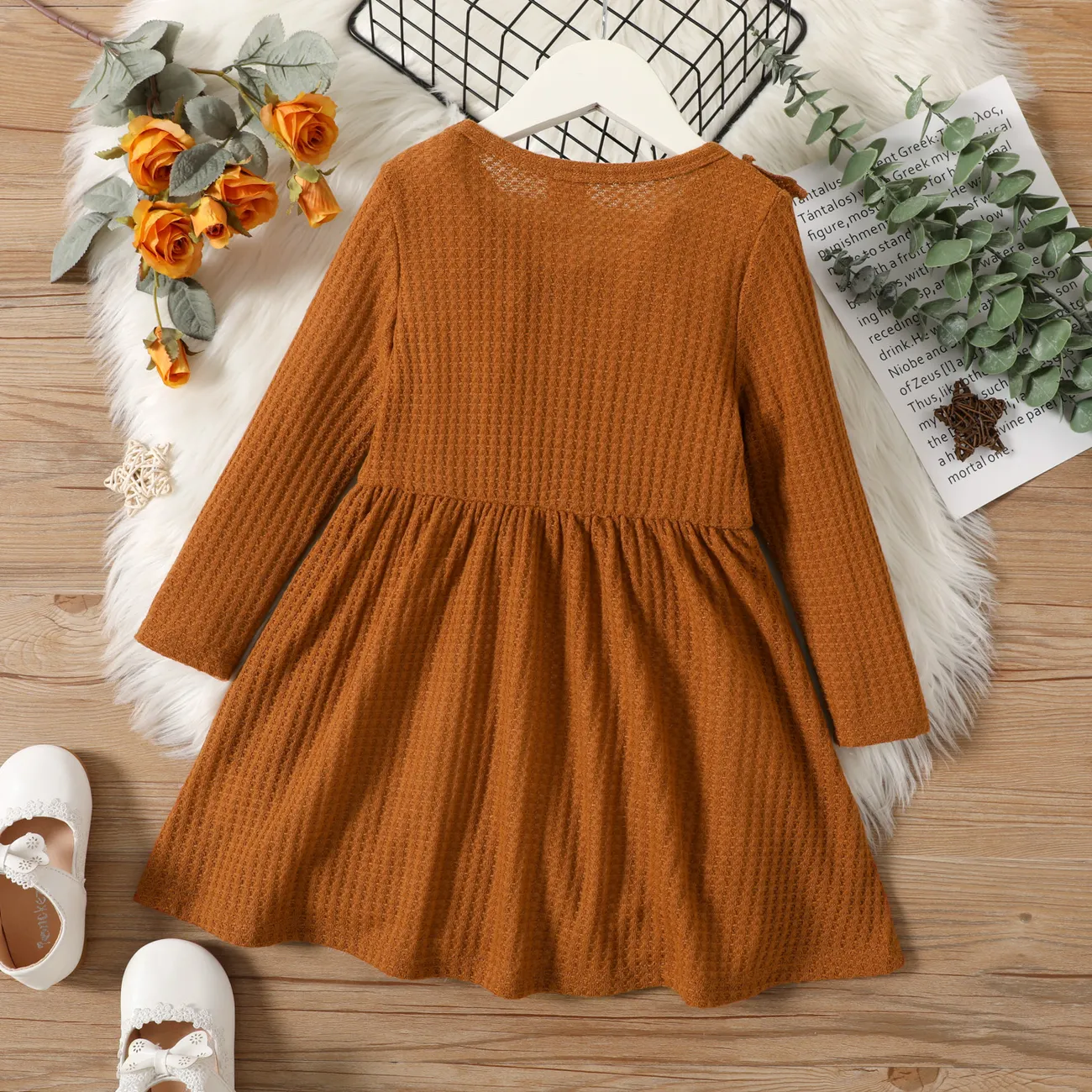 Toddler Girl Solid Ruffle Decor Long-sleeve Ginger or Brown Dress Brown big image 1