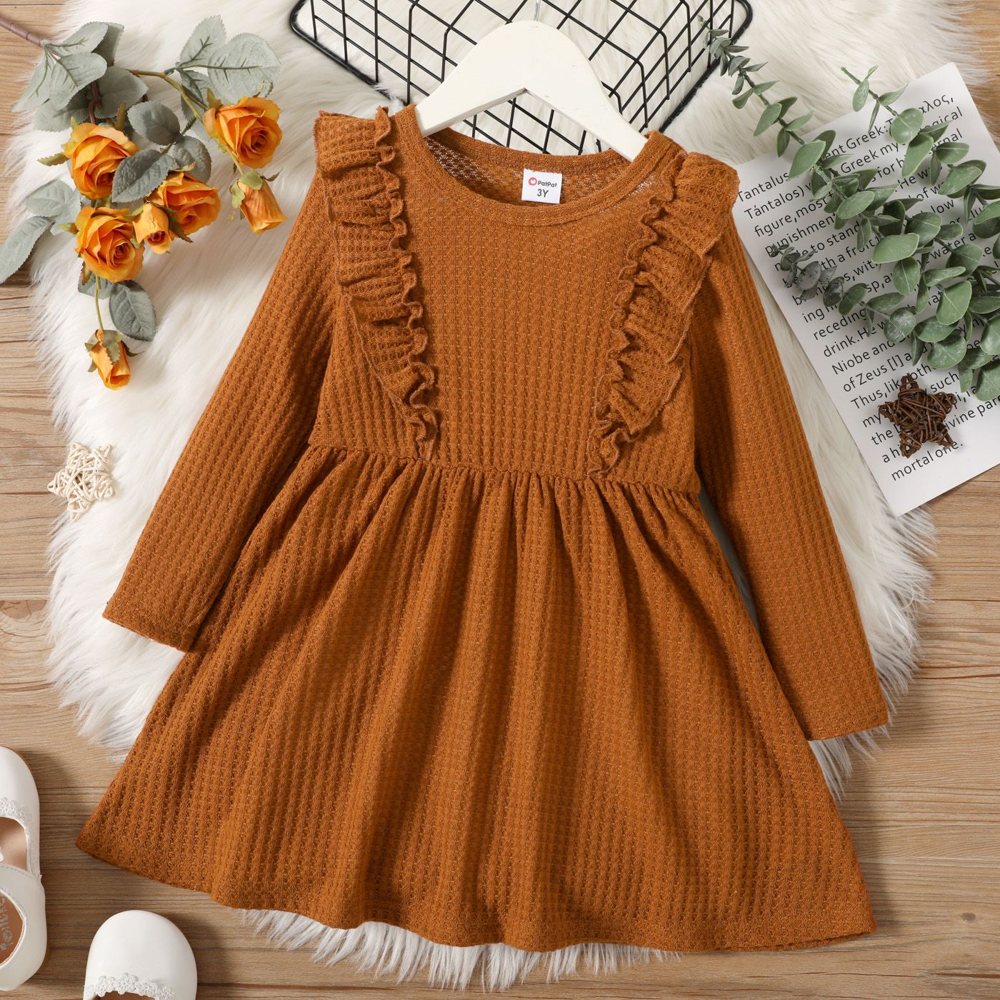 Toddler Girl Solid Ruffle Decor Long-sleeve Ginger or Brown Dress