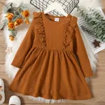 Toddler Girl Solid Ruffle Decor Long-sleeve Ginger or Brown Dress Brown