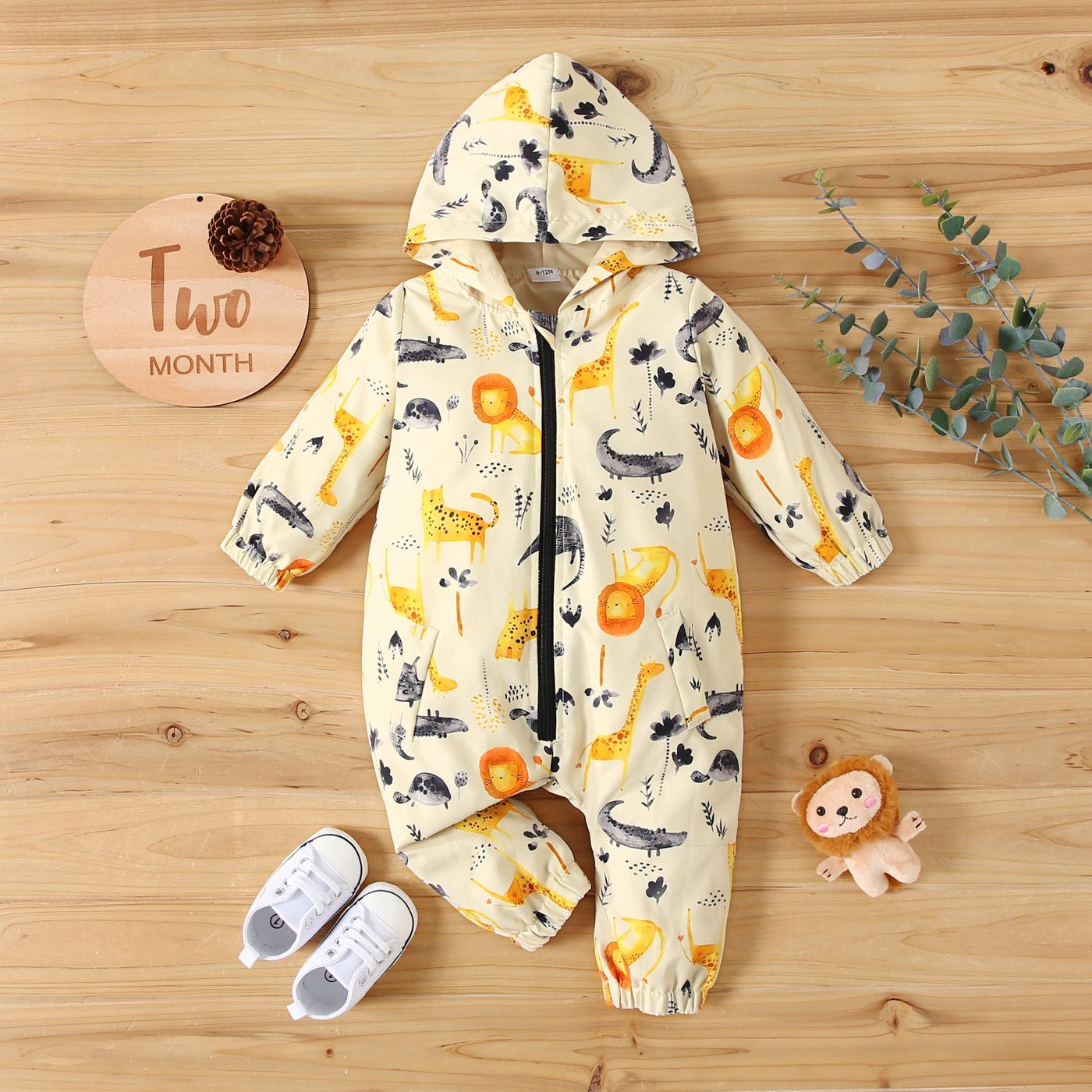 

Baby Boy/Girl All Over Cartoon Animal Print Long-sleeve Hooded Zip Jumpsuit