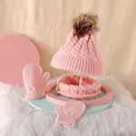 3 件裝嬰兒 / 蹣跚學步的絨球裝飾純色絞花針織帽、圍巾和連指手套套裝 粉色