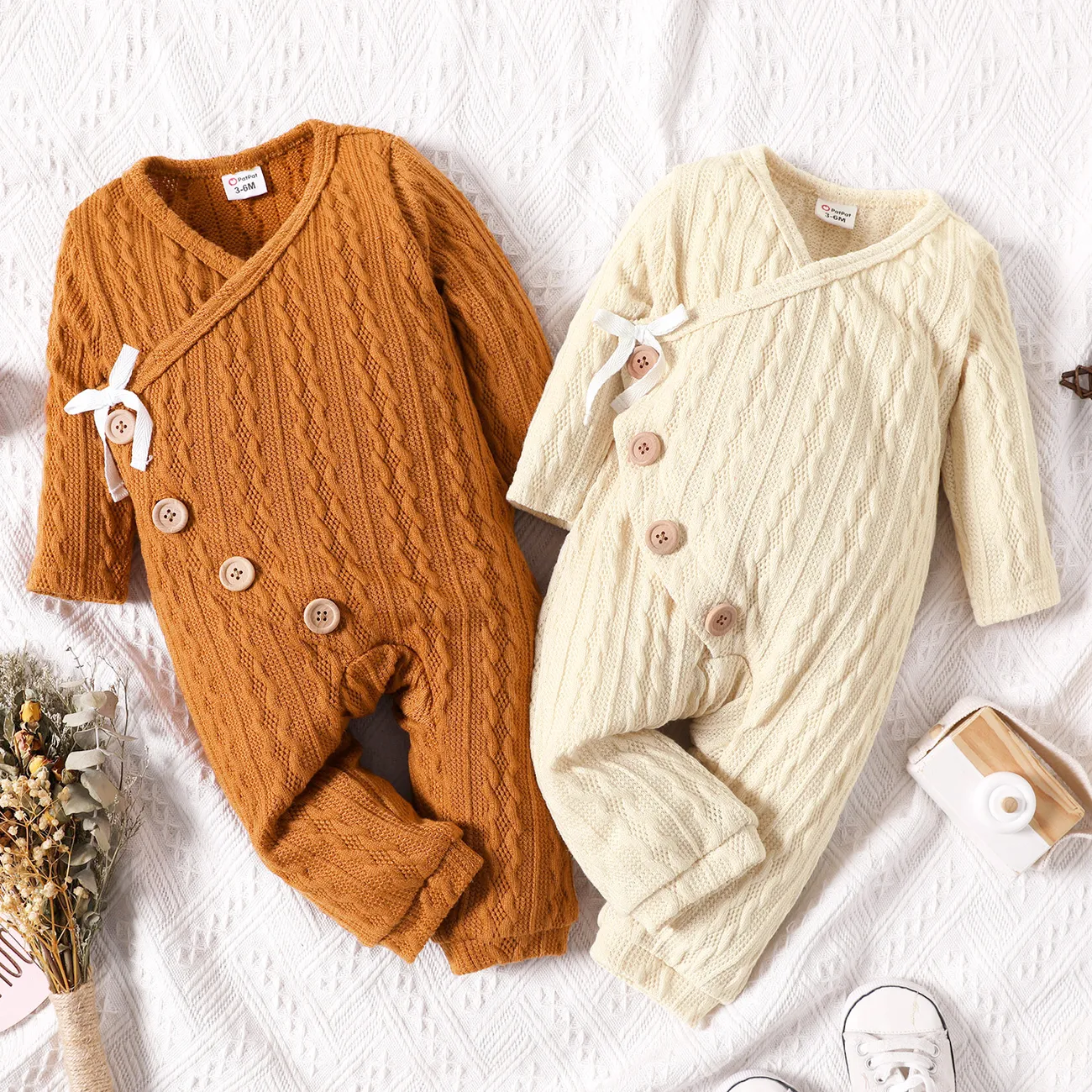 Baby Boy/Girl Solid Cable Knit V Neck Long-sleeve Button Jumpsuit Apricot big image 1