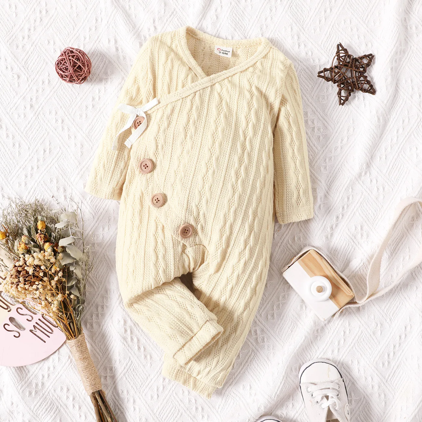 Baby Boy/Girl Solid Cable Knit V Neck Long-sleeve Button Jumpsuit