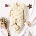 Baby Boy/Girl Solid Cable Knit V Neck Long-sleeve Button Jumpsuit Apricot
