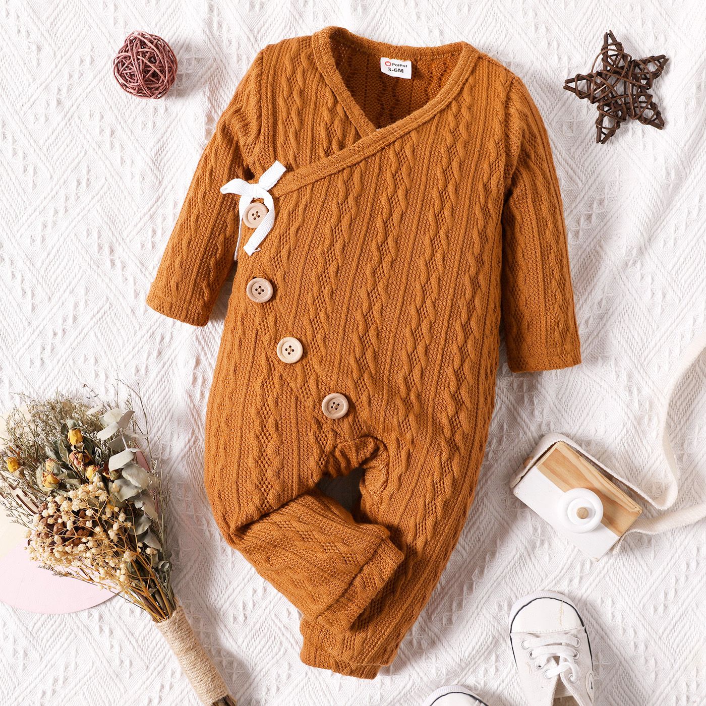 Baby Boy/Girl Solid Cable Knit V Neck Long-sleeve Button Jumpsuit