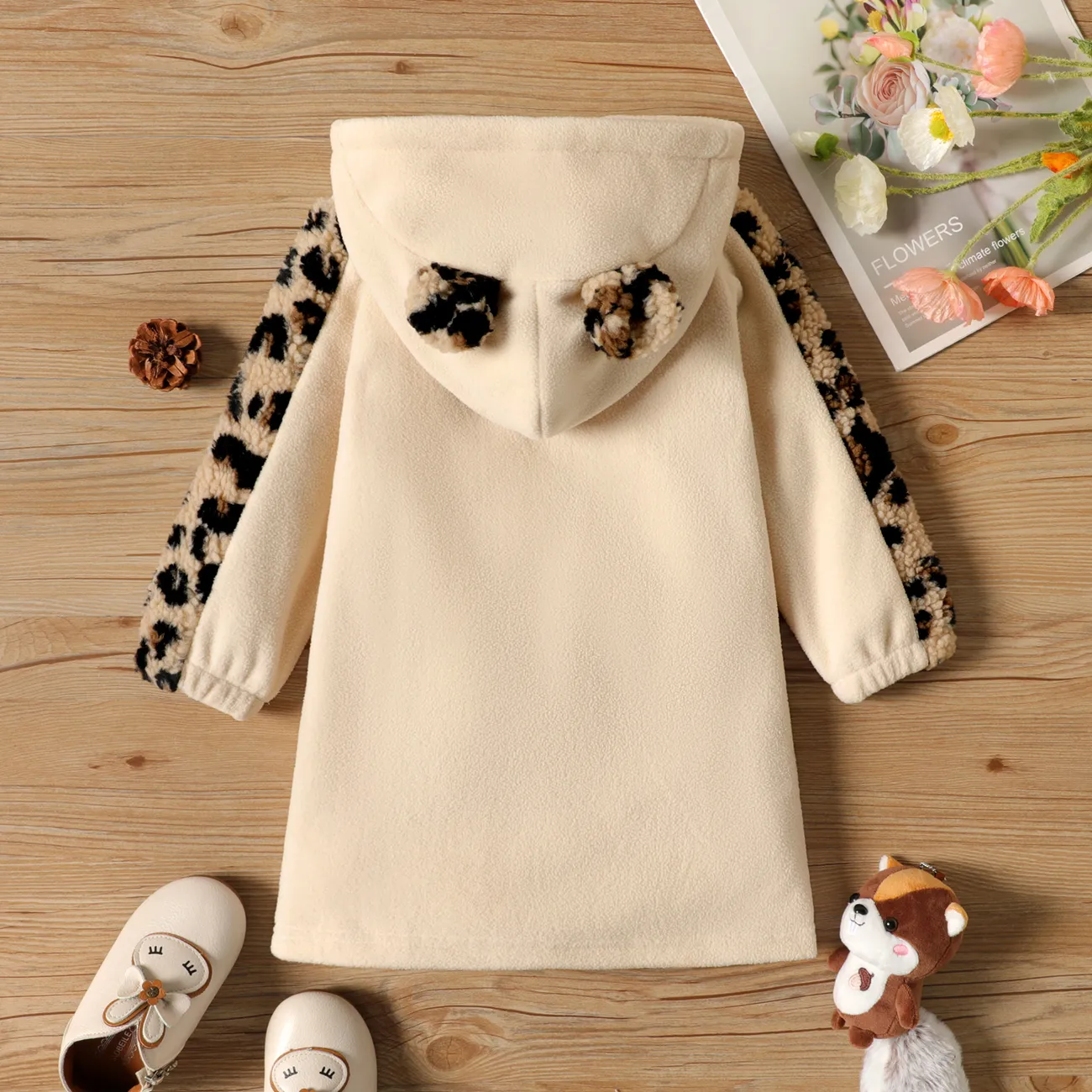 Toddler Girl Letter Embroidered Leopard Print Fuzzy Fleece Hooded Sweatshirt Dress Beige big image 1