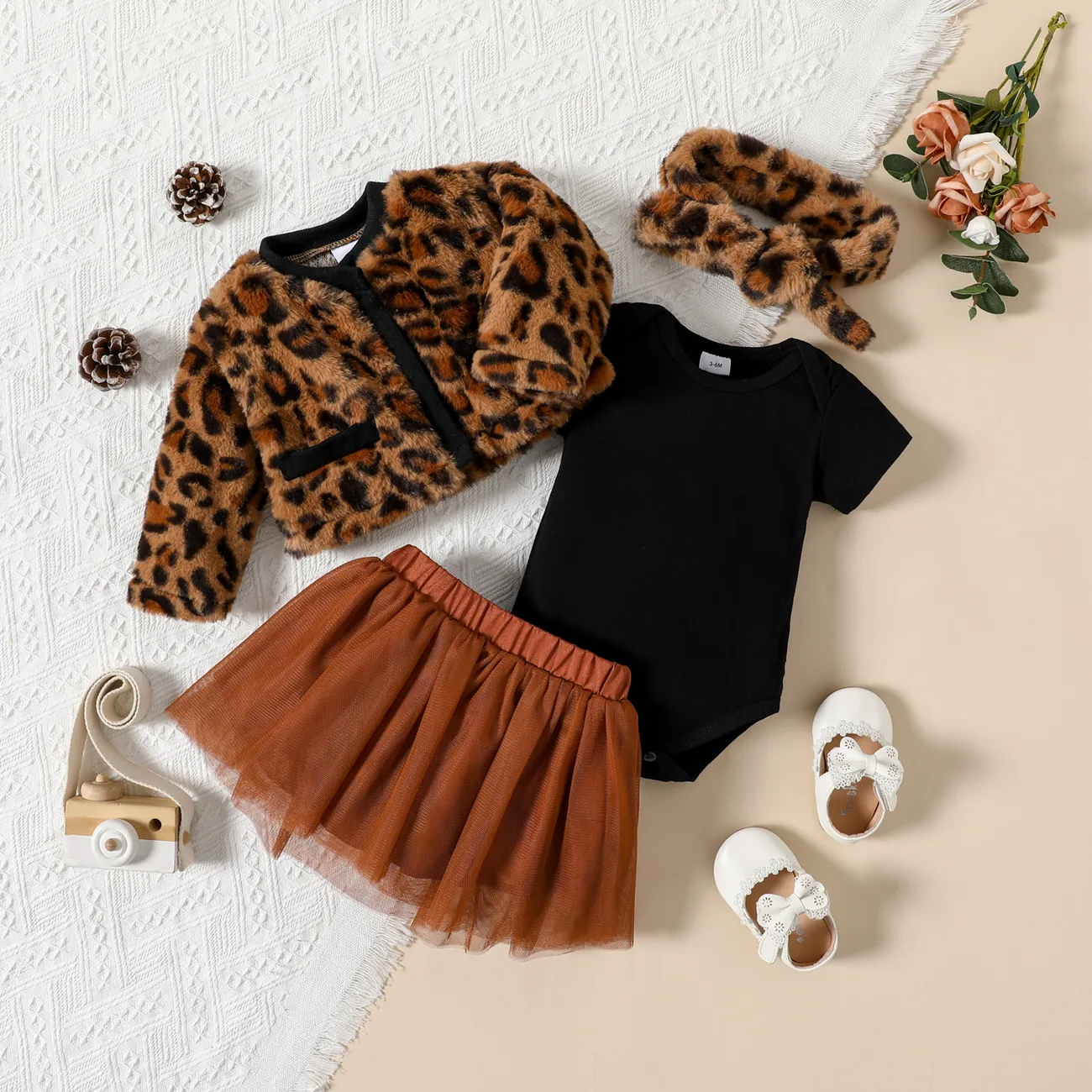 4pcs Baby Thickened Fleece Long-sleeve Leopard Outwear and Mesh Tutu Skirt with Romper Set Brown big image 1