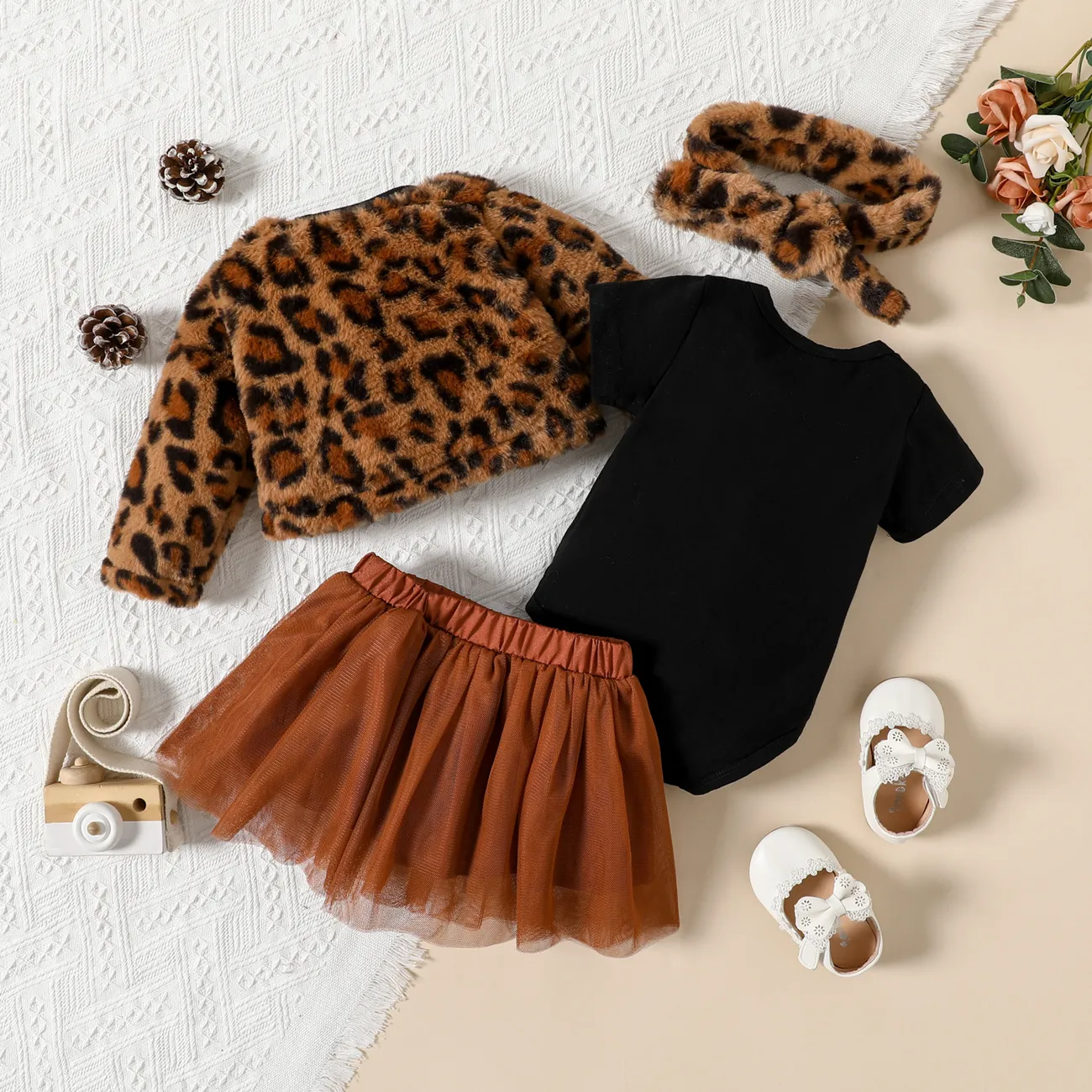 4pcs Baby Thickened Fleece Long-sleeve Leopard Outwear and Mesh Tutu Skirt with Romper Set Brown big image 1