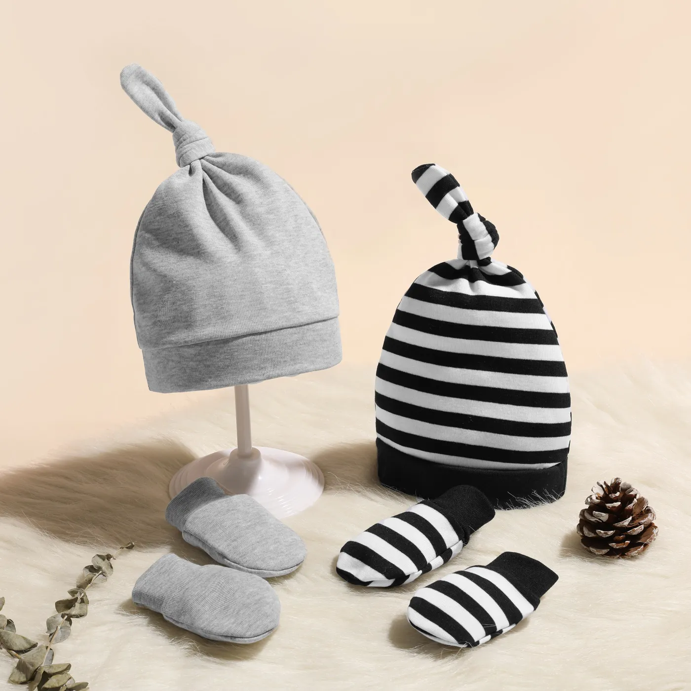 4-pack Baby Top Knot Beanie Hat and Anti-scratch Glove Set Color-B