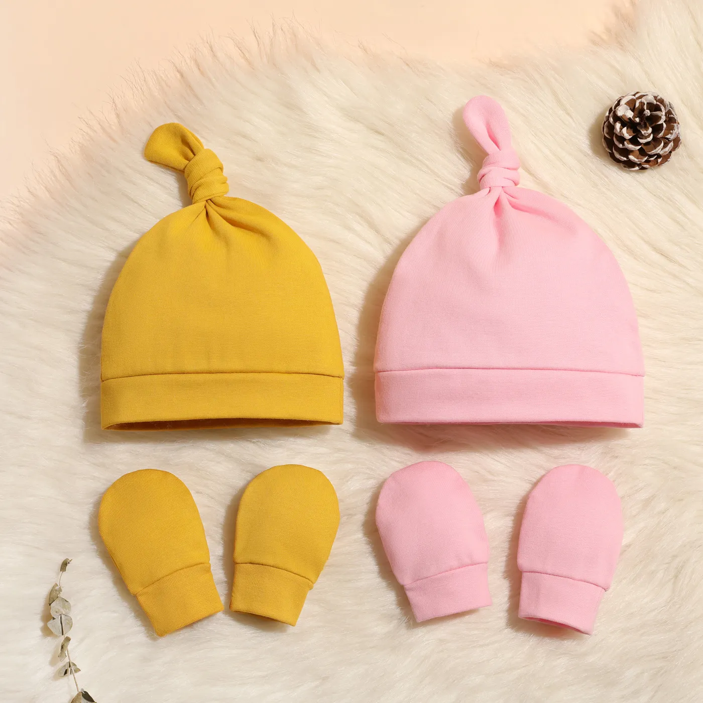 4-pack Baby Top Knot Beanie Hat and Anti-scratch Glove Set Color-A image 4