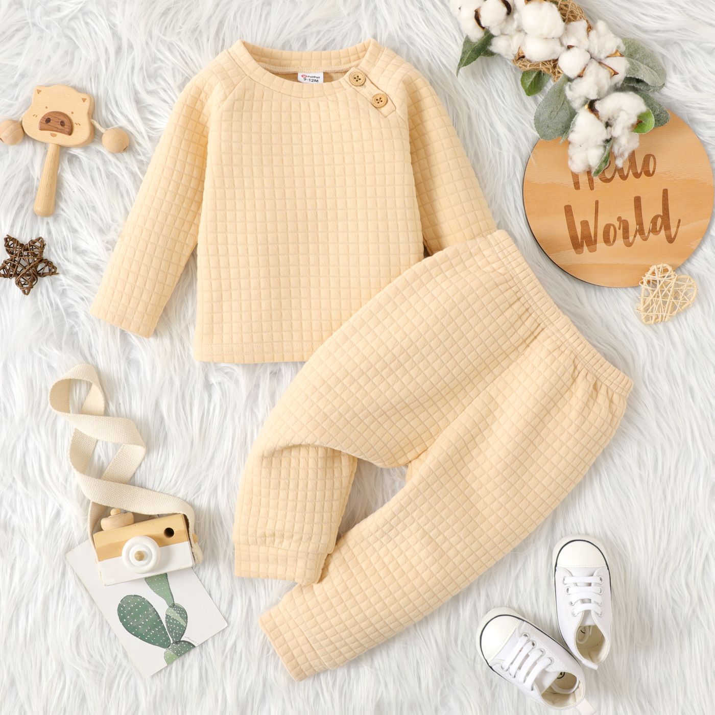 2pcs Baby Boy/Girl Solid Textured Long-sleeve Top and Trousers Set