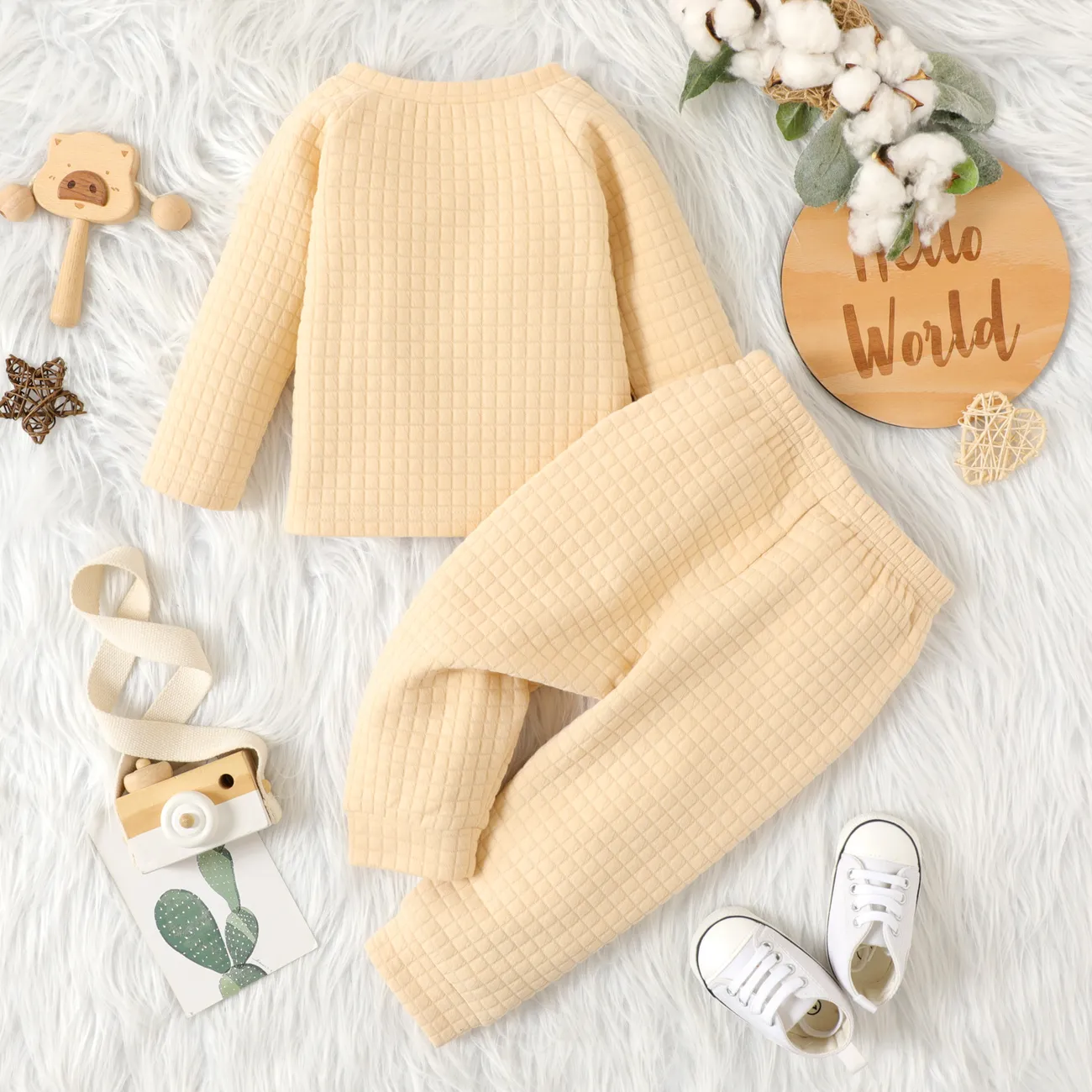 2pcs Baby Boy/Girl Solid Textured Long-sleeve Top and Trousers Set Apricot big image 1