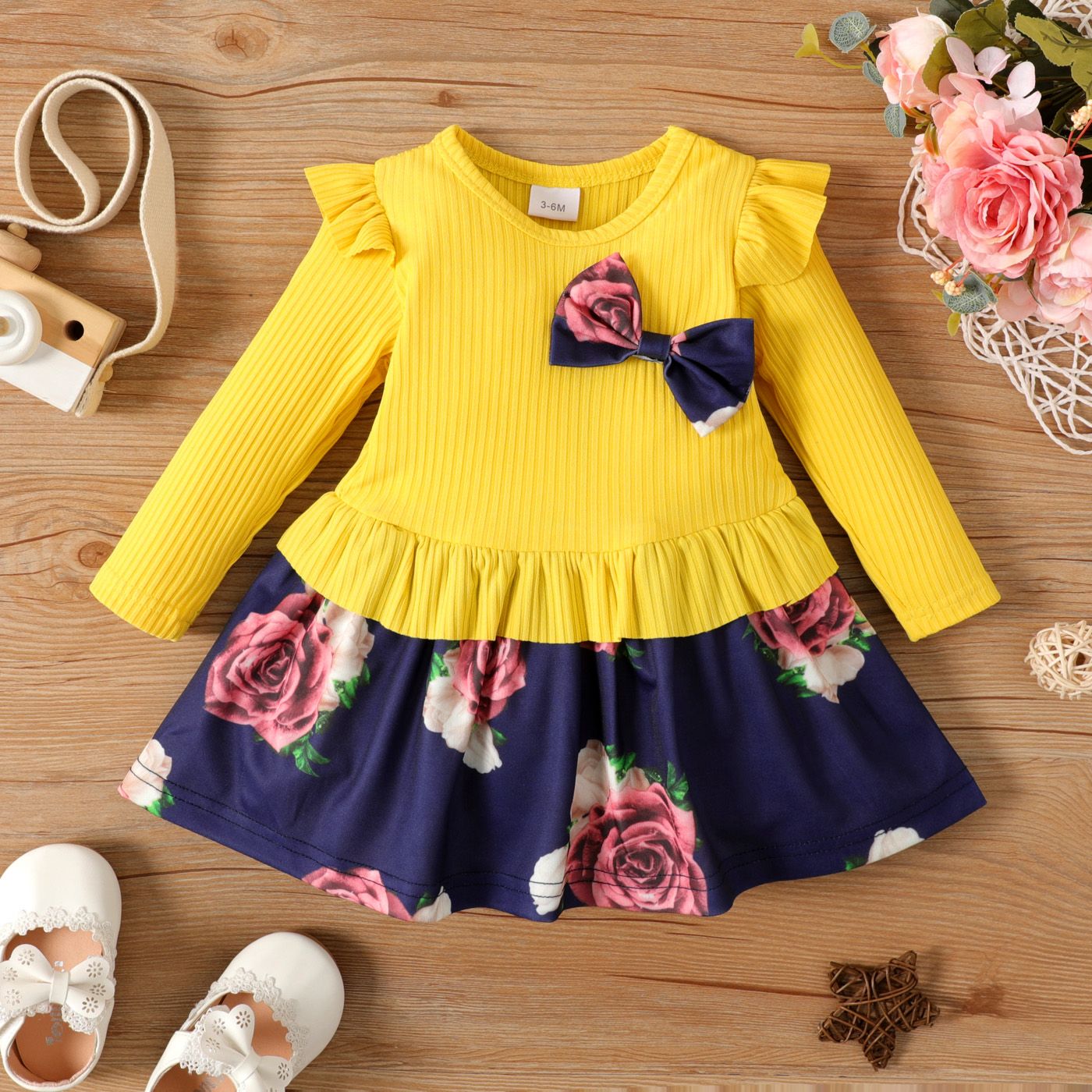 

Baby Girl Ruffle Ribbed Long-sleeve Splicing Floral Print Bowknot Dress