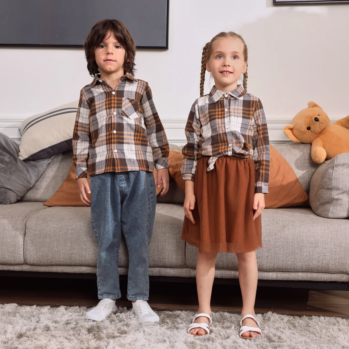 Khaki Plaid Family Matching Long-sleeve Lapel Shirts and Mesh Skirts Sets  image 6