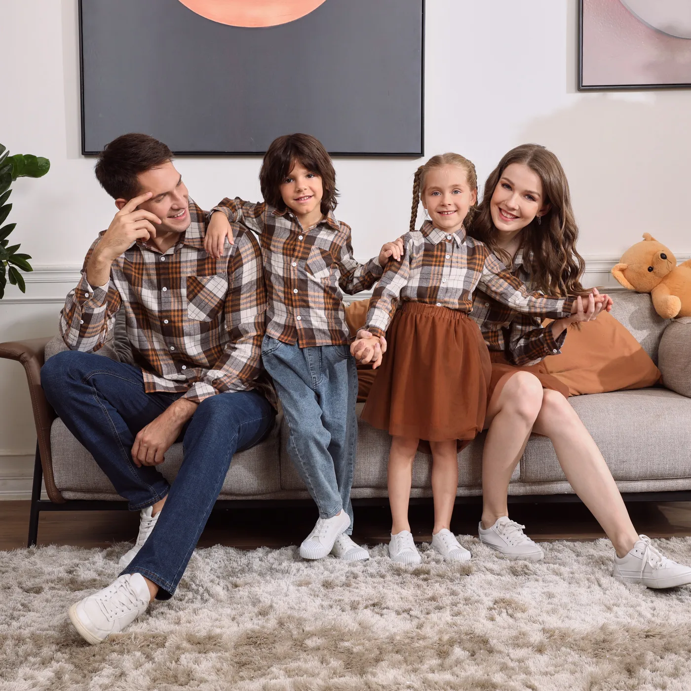 Khaki Plaid Family Matching Long-sleeve Lapel Shirts and Mesh Skirts Sets  image 5