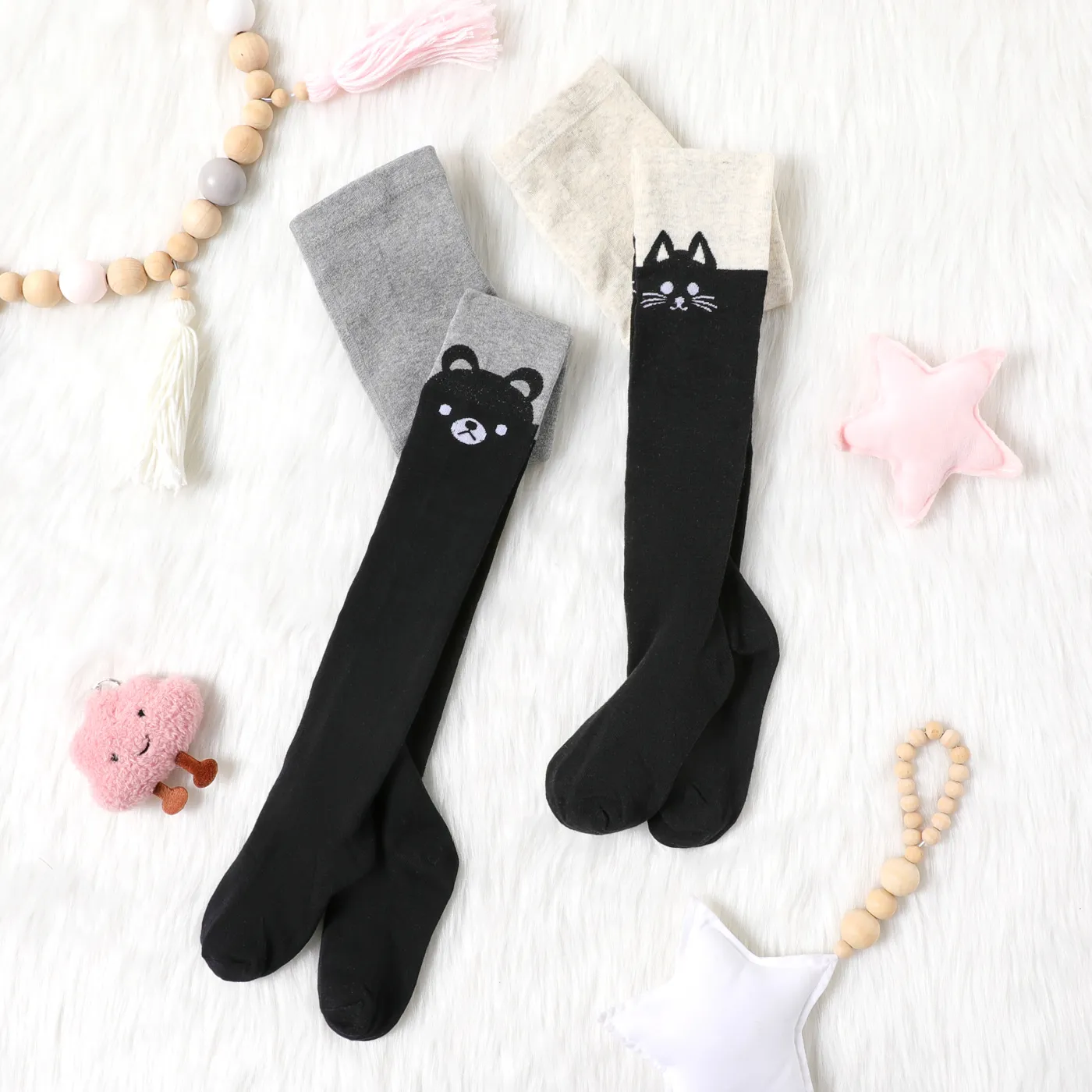 Kid Girl Cat/Bear Print Colorblock Footie Leggings  image 6
