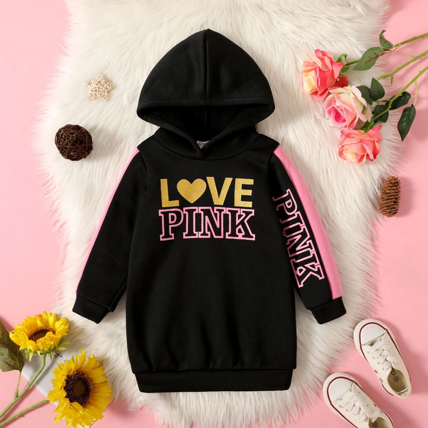 

Toddler Girl Heart-shaped and Letter Print Hooded Long-sleeve White or Black Dress