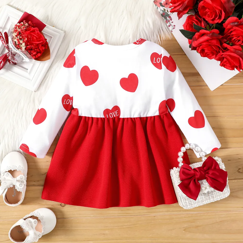 Baby Girl Red Love Heart Print Long-sleeve Splicing Bowknot Dress big image 5