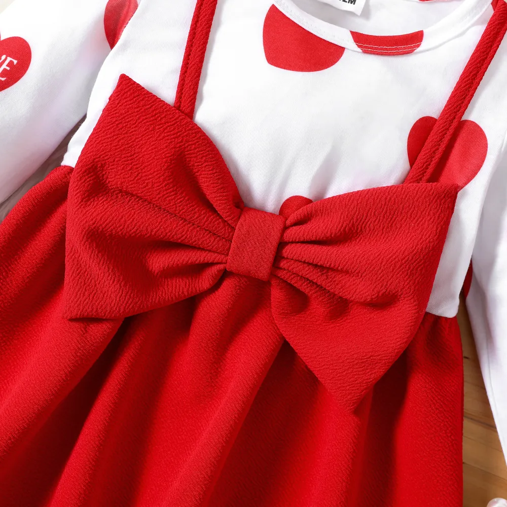 Baby Girl Red Love Heart Print Long-sleeve Splicing Bowknot Dress big image 3
