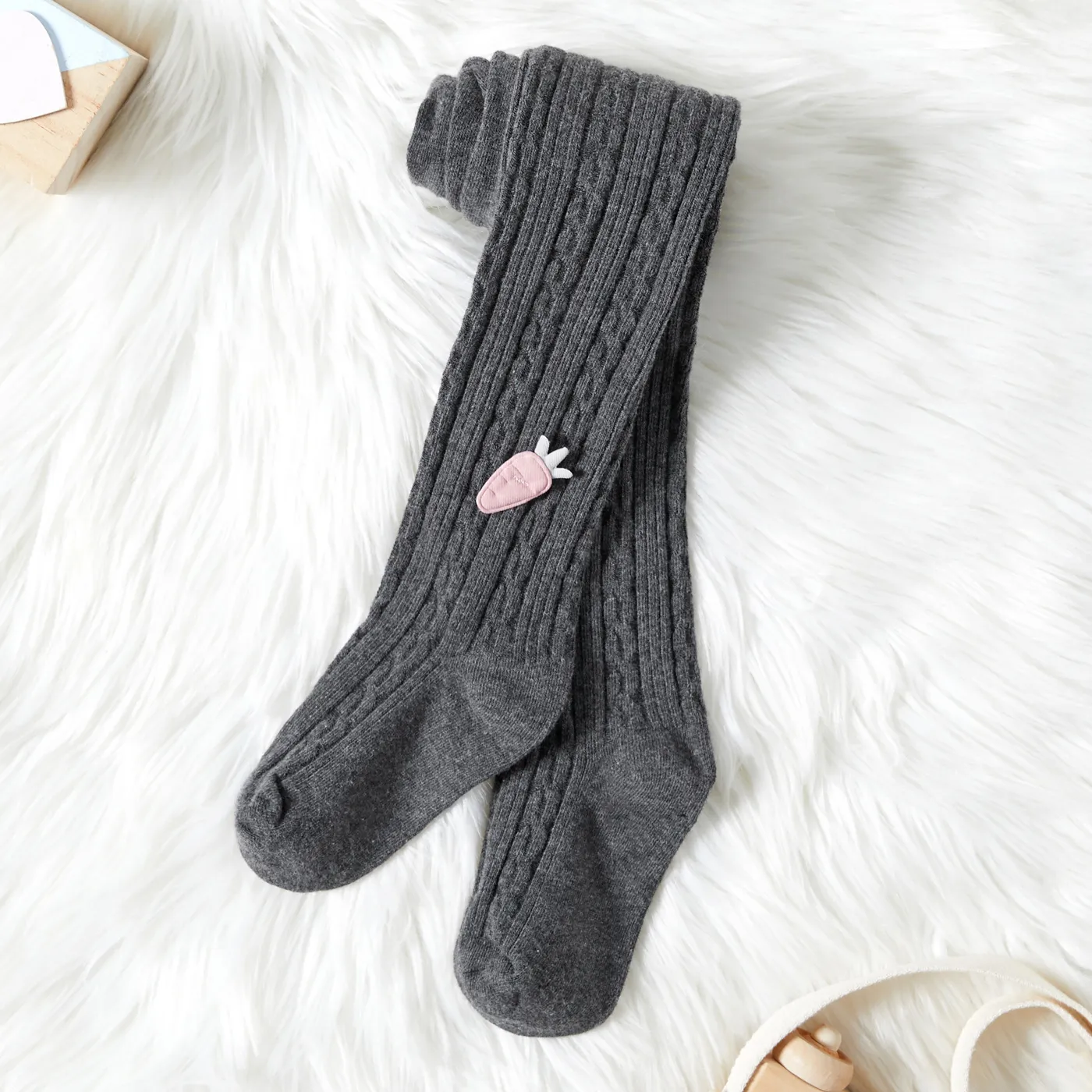 Kid Girl 100% Cotton Carrot Embroidered Knit Footie Leggings Dark Grey