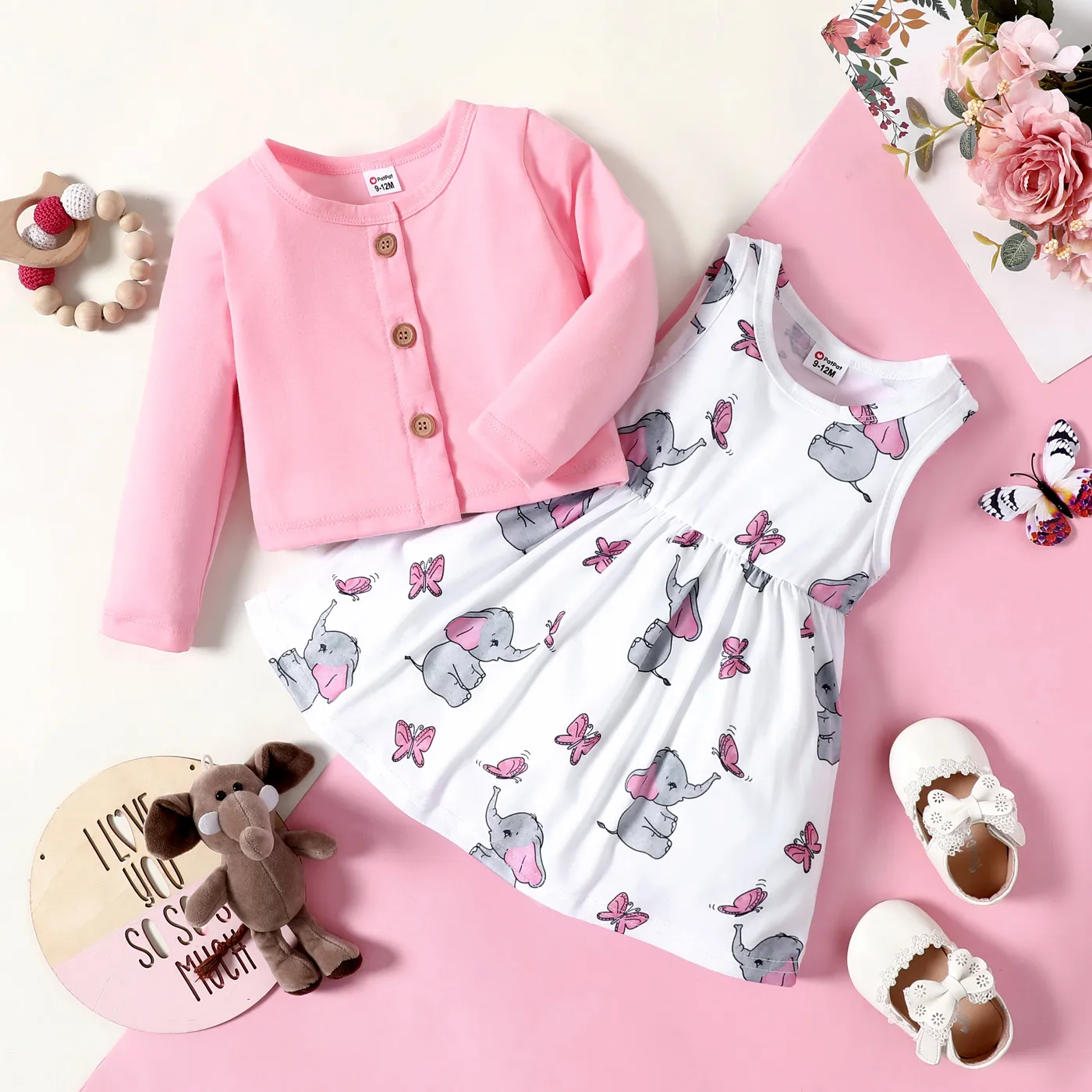 2pcs Baby Girl Pink Long-sleeve Cardigan with Cartoon Elephant and Butterfly Print Sleeveless Dress 