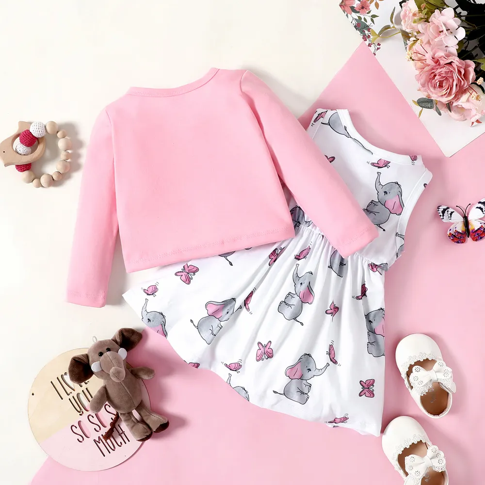 2pcs Baby Girl Pink Long-sleeve Cardigan with Cartoon Elephant and Butterfly Print Sleeveless Dress Set  big image 2