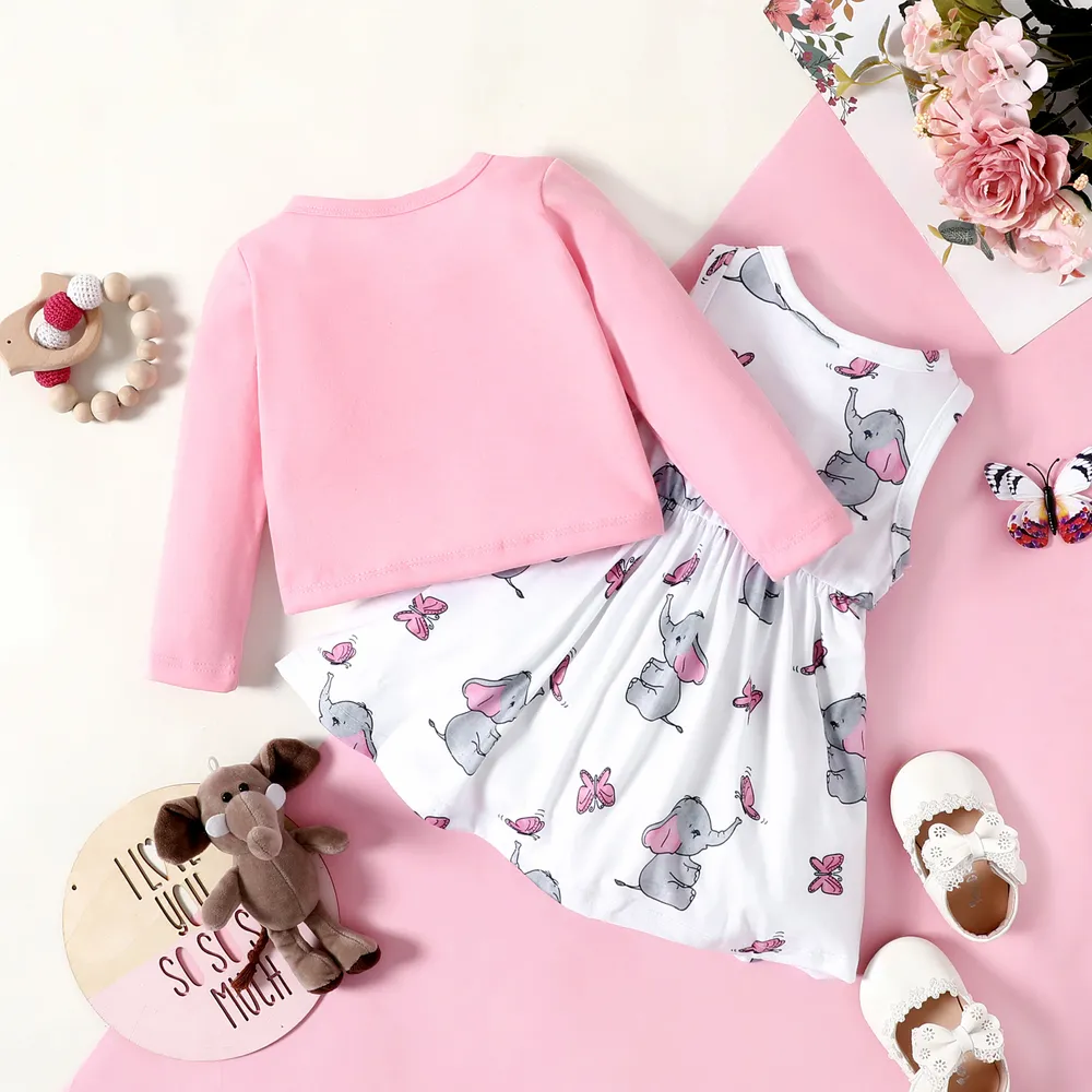 2pcs Baby Girl Pink Long-sleeve Cardigan with Cartoon Elephant and Butterfly Print Sleeveless Dress Set big image 2