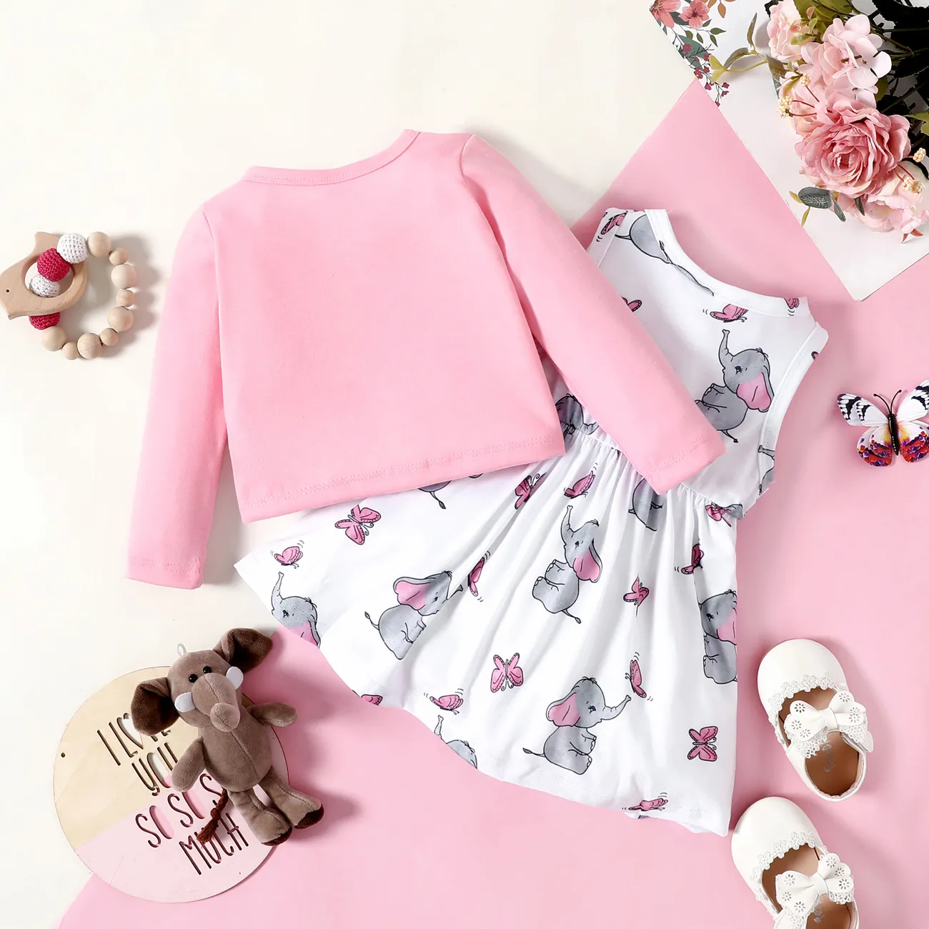 2pcs Baby Girl Pink Long-sleeve Cardigan with Cartoon Elephant and Butterfly Print Sleeveless Dress Set Pink big image 1