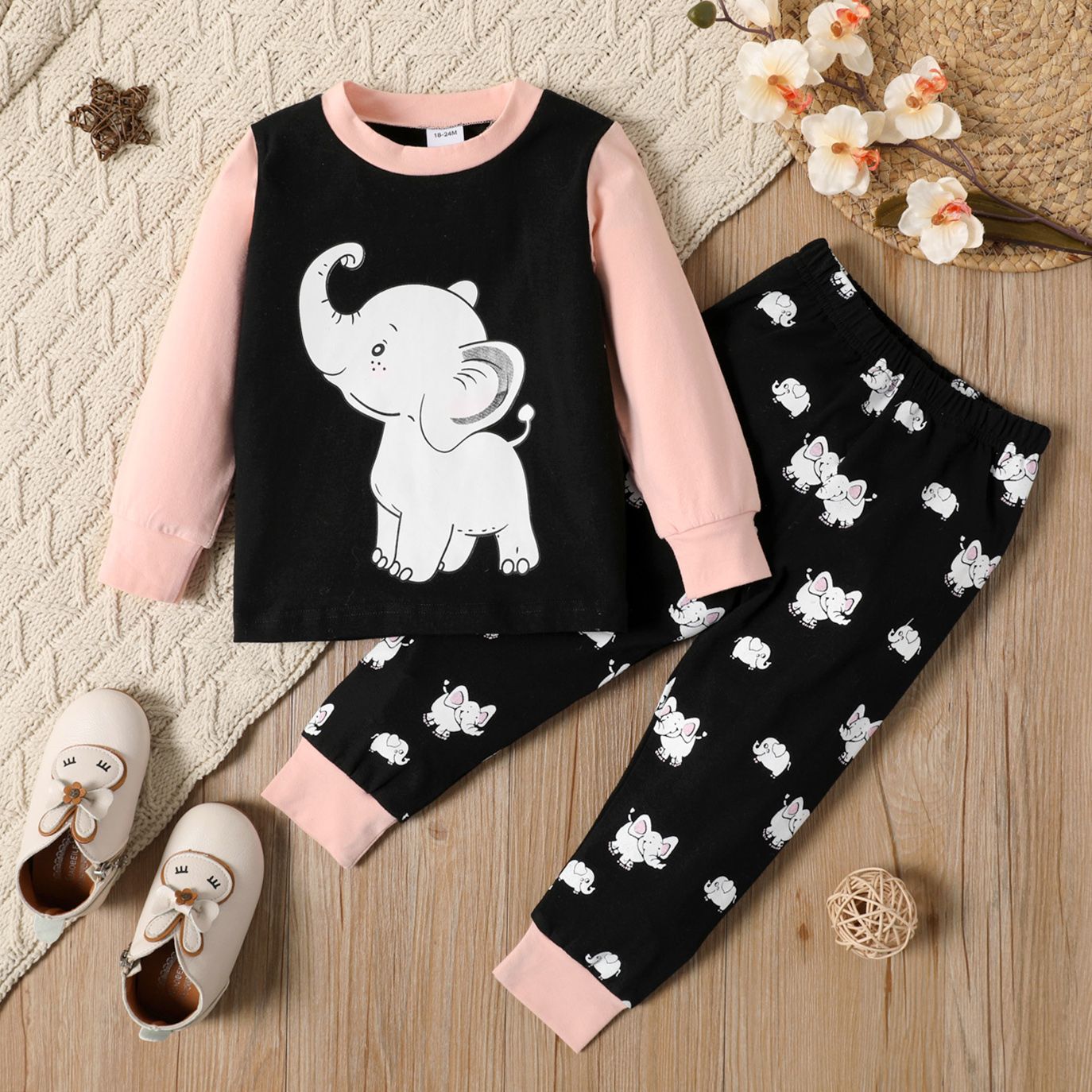 

2-piece Toddler Girl Elephant Print Colorblock Sweatshirt and Pants Set