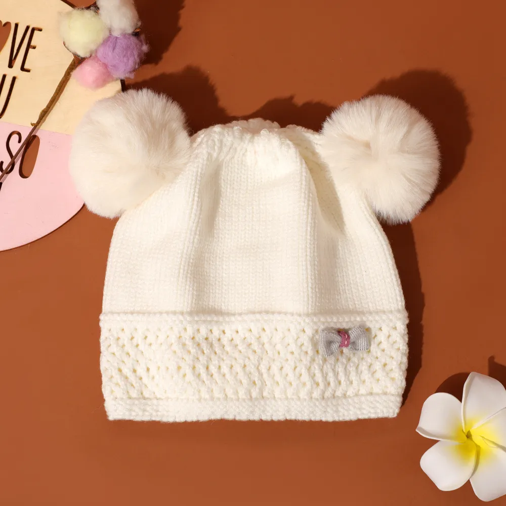 Baby / Toddler Bow Decor Double Pompon Warm Knit Beanie Hat  big image 1
