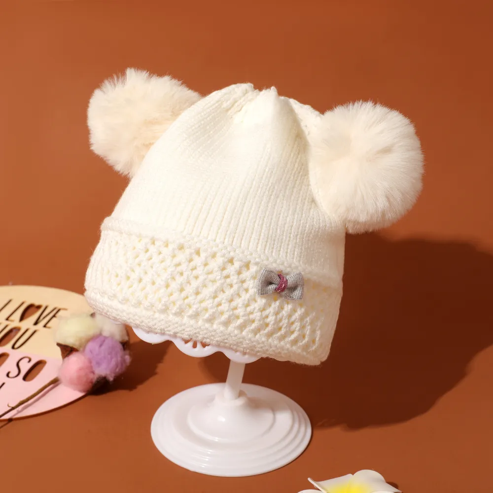 Baby / Toddler Bow Decor Double Pompon Warm Knit Beanie Hat  big image 2