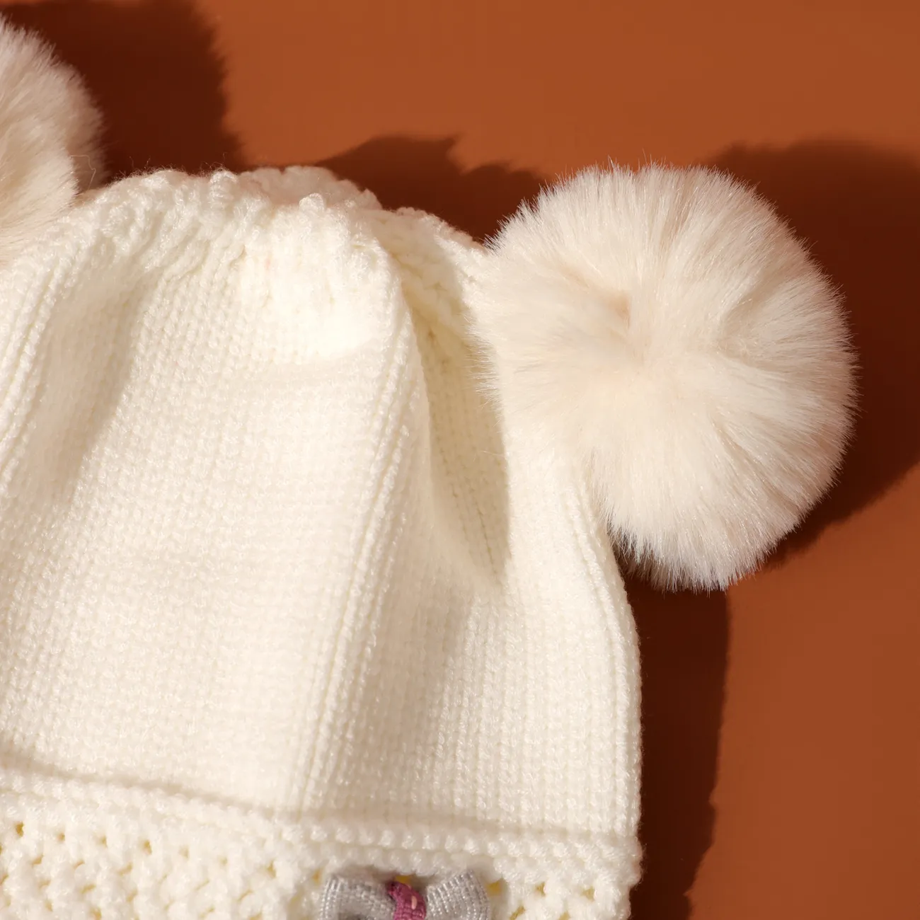 Baby / Toddler Bow Decor Double Pompon Warm Knit Beanie Hat White big image 1