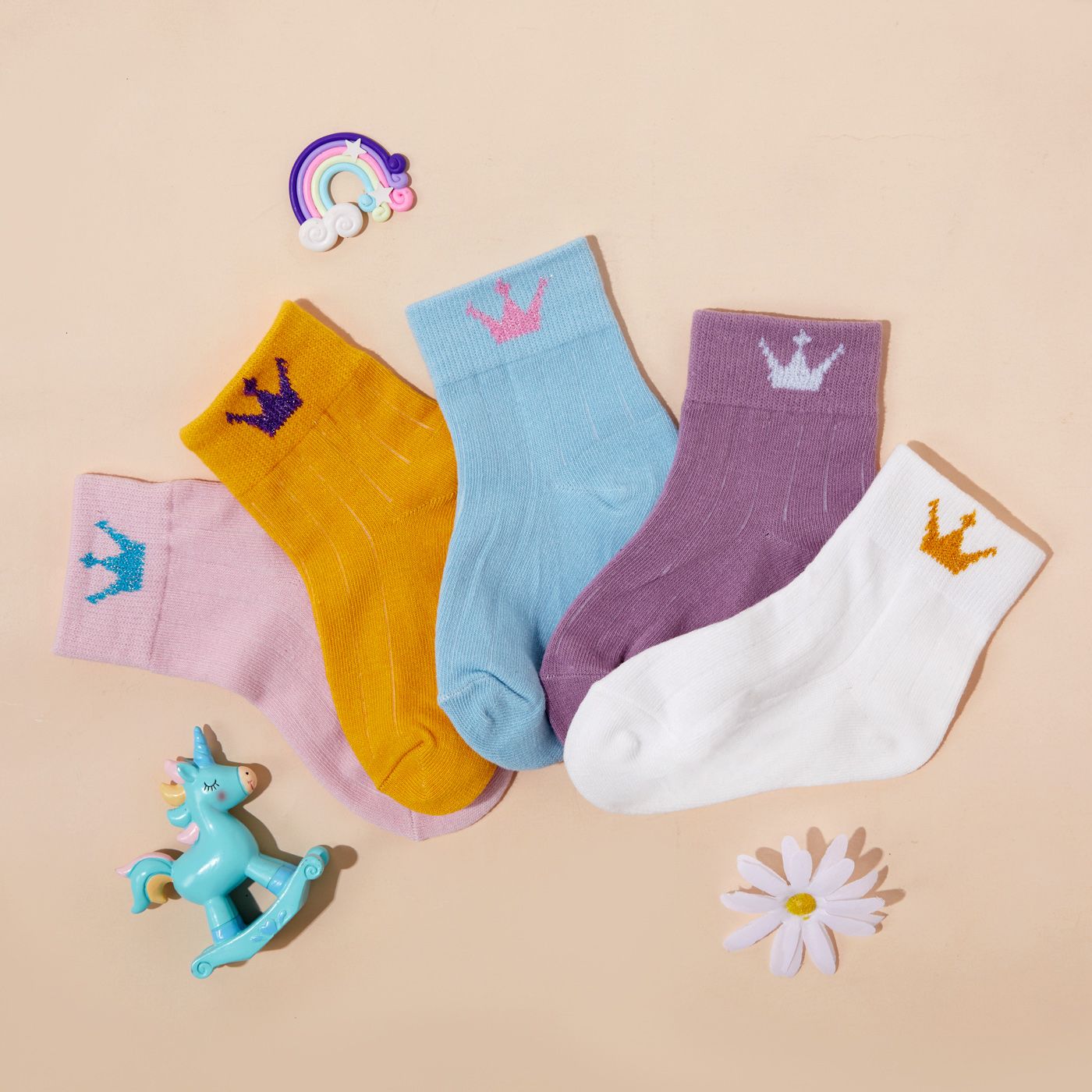 5-pack Baby / Toddler/ Kid Letter And Crown Print Socks
