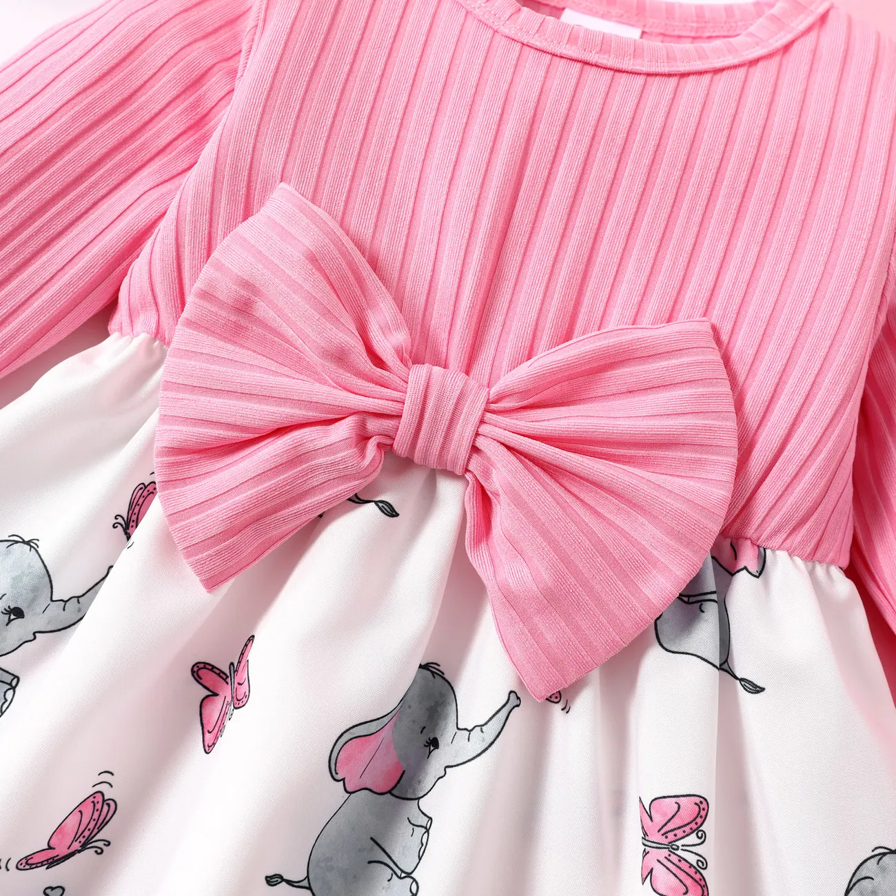 Baby Girl Pink Ribbed Bowknot Long-sleeve Splicing Cartoon Elephant Print Dress Color block big image 1