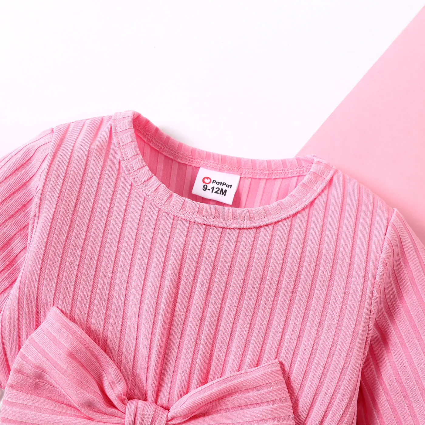 Baby Girl Pink Ribbed Bowknot Long-sleeve Splicing Cartoon Elephant Print Dress Color block image 3