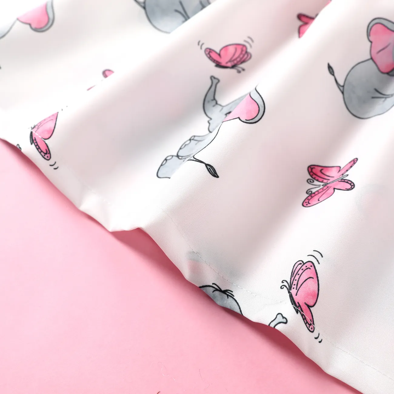 Baby Girl Pink Ribbed Bowknot Long-sleeve Splicing Cartoon Elephant Print Dress Color block big image 1