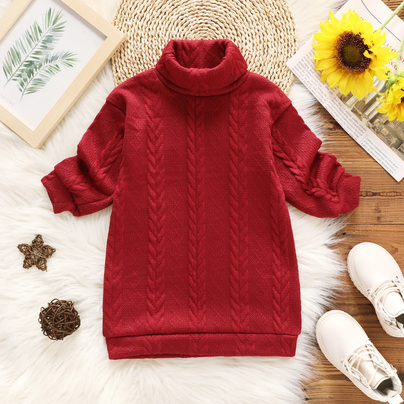 Toddler Girl Turtleneck Cable Knit Long-sleeve Sweater Dress