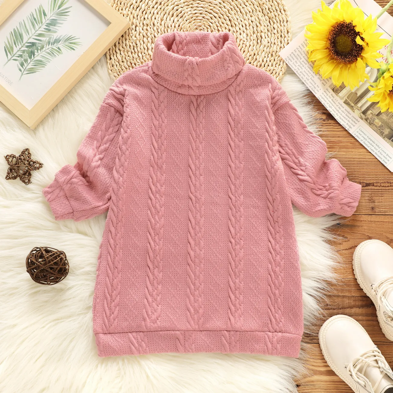 Toddler Girl Turtleneck Cable Knit Long-sleeve Sweater Dress Pink big image 1