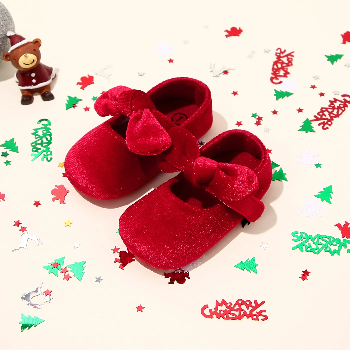 Christmas Baby / Toddler Bow Velcro Soft Sole Prewalker Shoes Red image 6