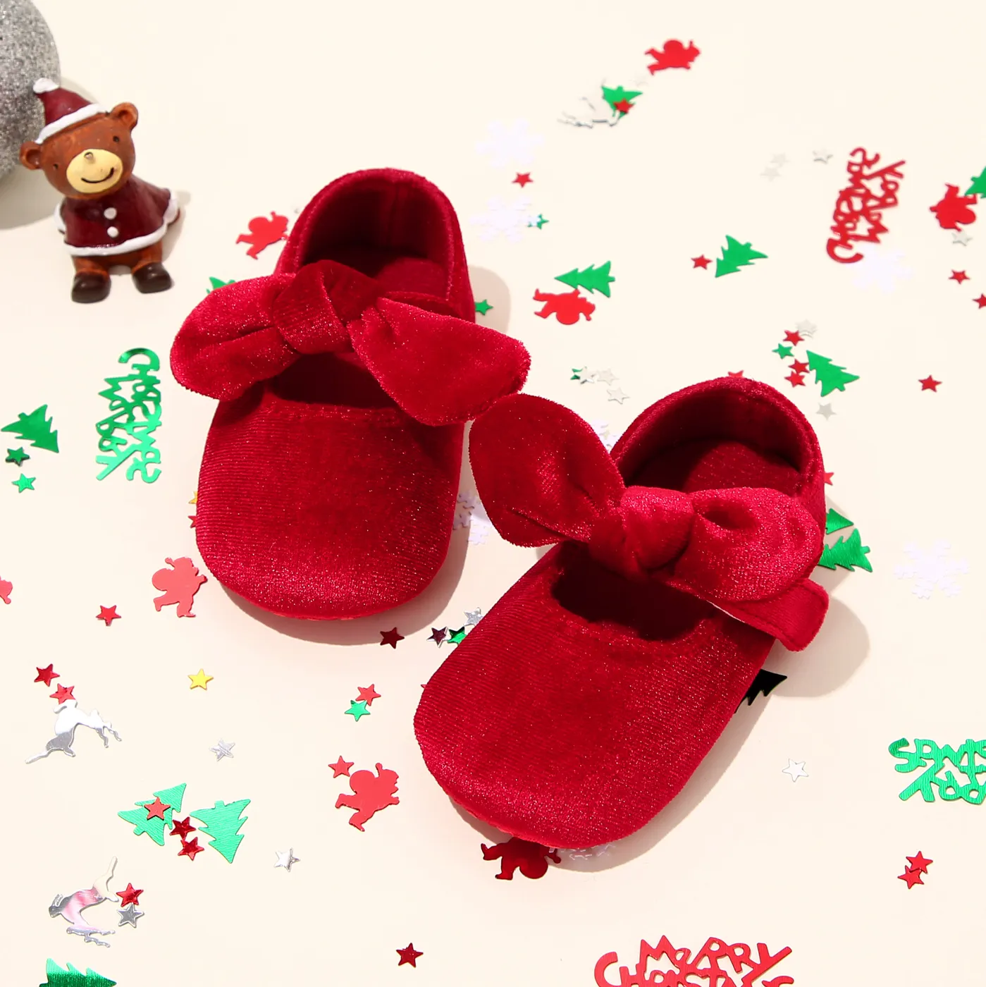 Christmas Baby / Toddler Bow Velcro Soft Sole Walking Shoes