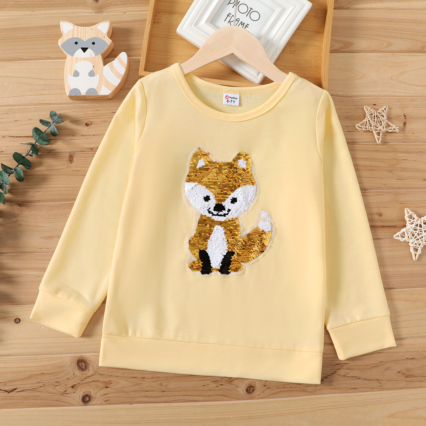 Kid Girl Fox Flip Sequin/Bear Embroidered Pullover Sweatshirt Pale Yellow