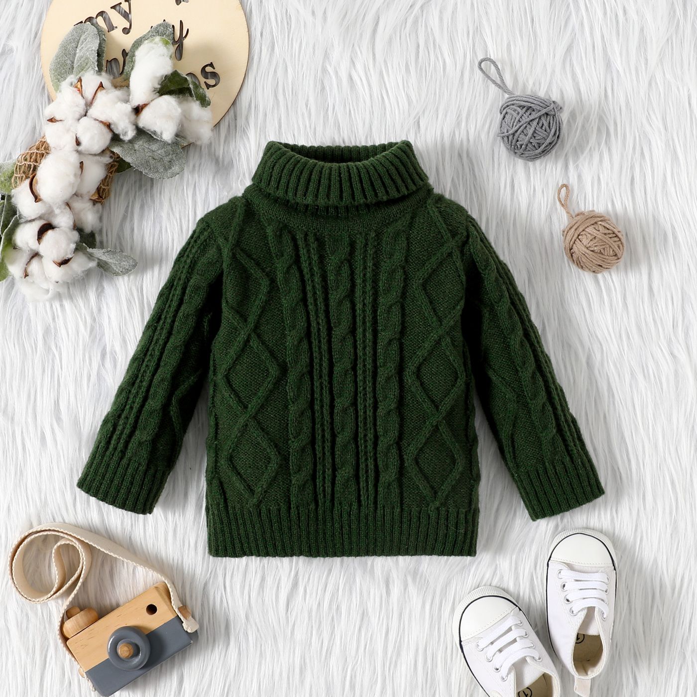 Baby Solid Turtleneck Long-sleeve Cable Knit Sweater