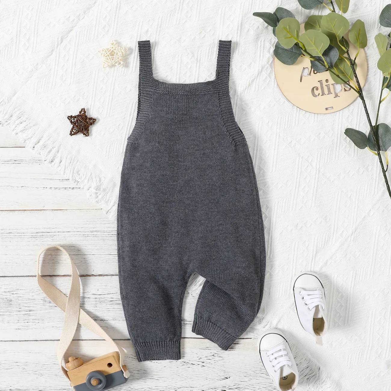 Baby Boy/Girl Solid Knitted Sleeveless Jumpsuit Overalls Dark Grey big image 1