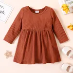 Baby Girl Ribbed Brown/White/Striped Long-sleeve Dress Coffee