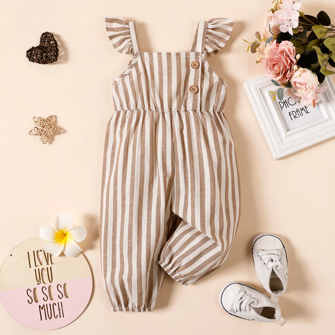 Baby Girl 100% Cotton Solid/Striped/Floral-print Sleeveless Ruffle Jumpsuit  image 1