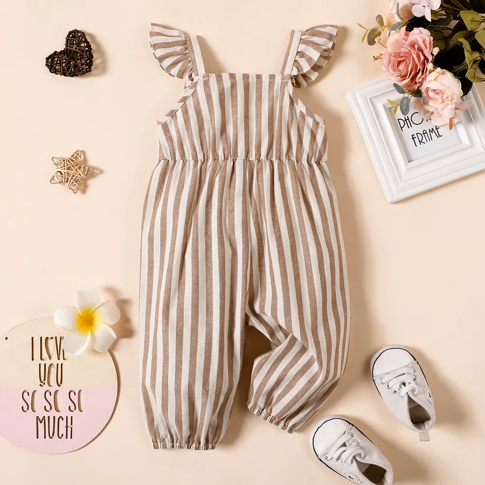 Baby Girl 100% Cotton Solid/Striped/Floral-print Sleeveless Ruffle Jumpsuit  big image 2