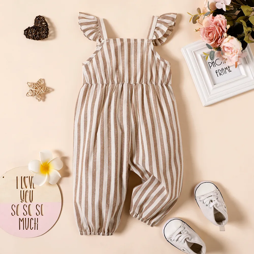 Baby Girl 100% Cotton Solid/Striped/Floral-print Sleeveless Ruffle Jumpsuit big image 2
