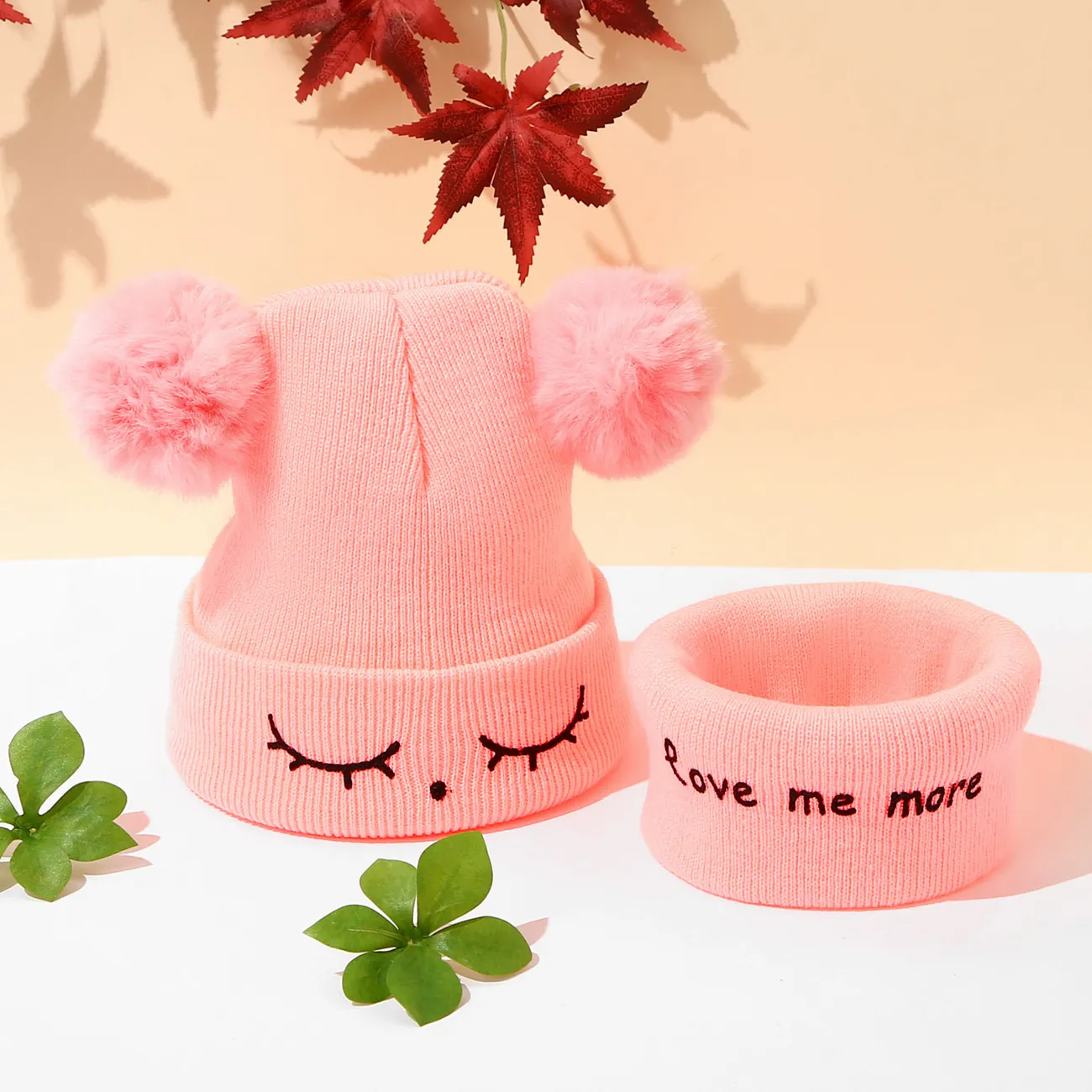 2 件裝嬰兒/學步兒童雙絨球字母印花針織無簷小便帽和圍巾套裝 粉色 big image 1